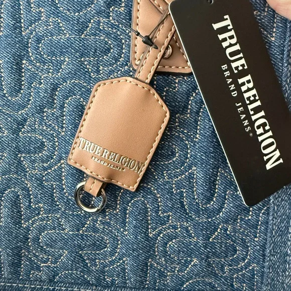 NWT True Religion Quilted Horseshoe Denim Tote Bag - Blue/Tan - Picture 2 of 7